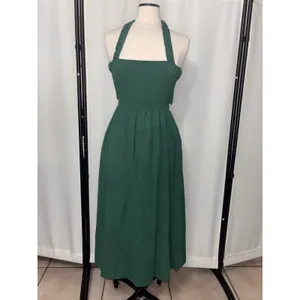 Womens Smocked Green Midi Dress Cottage Sundress Pockets Backless Straps Stretch thumbnail 10