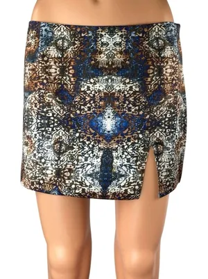 Tiger Mist Multicolor Damask Print Side Zip Slit Straight Mini Skirt Size S thumbnail 1