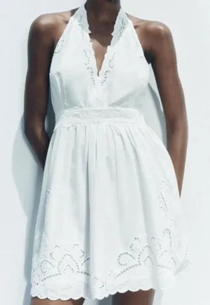 Zara NWT Cotton Eyelet Embroidered V-Neck Mini Halter Dress Lined Size M thumbnail 1