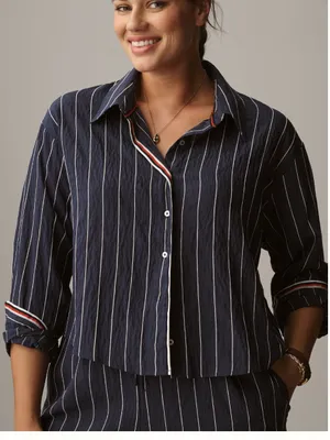 Anthropologie Maeve NEW Pinstripe Silken Button Down Crop Top thumbnail 1