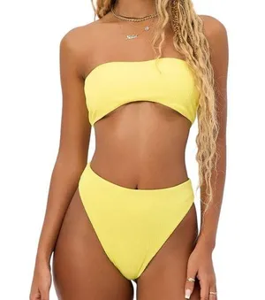 NWT Frankies Bikinis Jean Bandea and Anne Plisse Bottom Yellow Bikini Set XS thumbnail 1