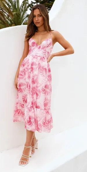 [Hello Molly] Pink Floral Don't Hold Back Midi Ruffle Hem Dress NWT Size Large L thumbnail 1