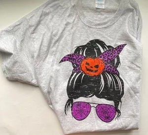 Halloween leopard pumpkin spider spooky girl graphic print t-shirt, size XL thumbnail 1