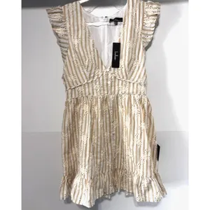 Lulus Sunny Crush NWT M Beige Ivory Striped Embroidered Ruffle Mini Dress Boho thumbnail 3