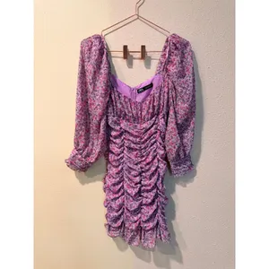 Zara‎ Mini Dress Womens Medium Purple Floral Ruched Puff Sleeve Ruffle Romantic thumbnail 5