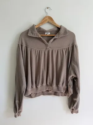 Aerie Terry Button Sweater Size Small Oversized Pullover Soft Life Brown Neutral thumbnail 2