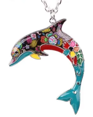 Colorful Dolphin Necklace Women's Enamel Floral Boho Statement Ocean 20"‎ New thumbnail 1