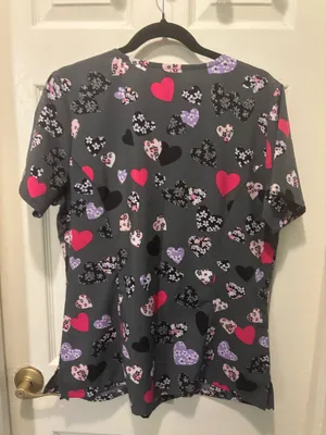 Grey Floral multi colored hearts print scrub top  thumbnail 2