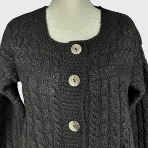 Aran Crafts 100% Merino Wool Cable‎ Knit Cardigan Black Button Up Cardigan Sz M thumbnail 3