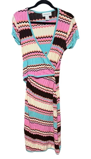 Bloomingdales Pink Turquoise Chevron Zigzag‎ Knit Wrap Midi Dress Vintage Med thumbnail 1
