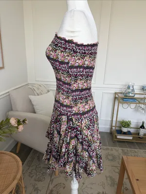 Boho Cottagecore Smocked Cotton Floral Y2K Handkerchief Hem Strapless Dress S thumbnail 5