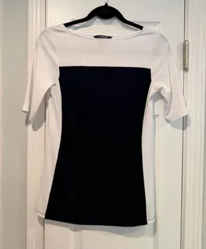 NWOT LRL Lauren Ralph Lauren Size S Black Colorblock Boat Neck Cuffed Sleeve Top thumbnail 1