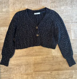 Arizona Jeans Cropped V-Neck Button Cardigan Sweater - Charcoal thumbnail 1