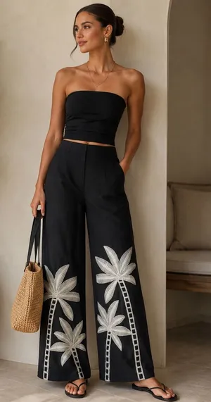 Commense Black Wide Leg Pants Size Small Stretch Resort Vacation thumbnail 1