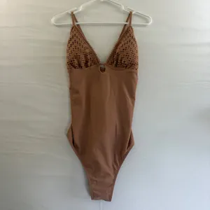 Shade & Shore‎ Women Brown Crochet High Leg Cheeky One Piece Swimsuit Large NEW thumbnail 2