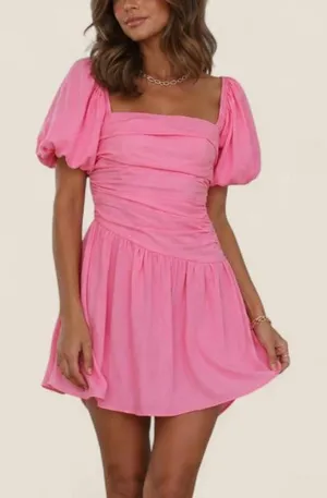 Hello molly pink linen blend puff sleeve mini dress size M milkmaid cottagecore thumbnail 1