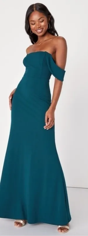 LULU's Sexy Prom Wedding Bridesmaid Emerald Green Off the Shoulder Mermaid Gown thumbnail 1