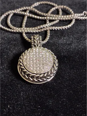 Silver-Tone Pavé Rhinestone Disc Pendant Necklace with Braided Chain thumbnail 3