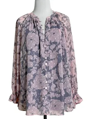LoveStitch Pink and Grey Floral Sheer Blouse L thumbnail 1