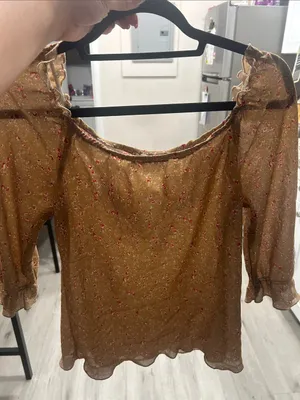 Floral Beige Off the shoulder Peasant Blouse with Ruffle Sleeves Medium thumbnail 3