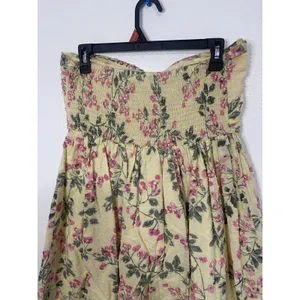 Hazel Strapless Floral Sundress Yellow Pink Green L 100% Cotton Lace Bow Ruffle thumbnail 5