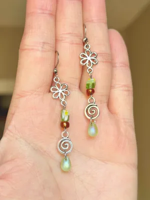 Handmade quality glass beads & flower fairy boho cottage whimsical dangle earrings 💐🍃 thumbnail 3
