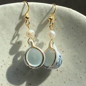 Handmade porcelain tea cup & freshwater pearls unique fun fairy antique style dangle earrings🫖🍃🌀 thumbnail 6