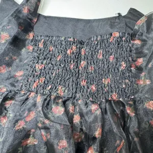 NWT Whimsigoth Floral Organza Midi Dress Black Rose Tie Shoulder‎ Smocked XS thumbnail 11