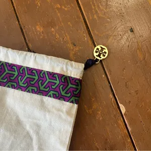 Tory Burch Cotton Dust Drawstring Bag Purple and Green gold-tone logo charm thumbnail 2