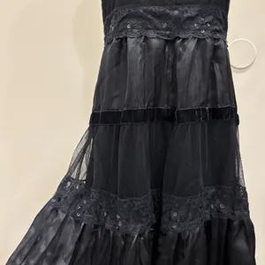 Y2K Two of Us Black Strapless Lace Velvet Tiered Midi Dress Fairy Whimsigoth L thumbnail 4