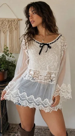 White Sheer Lace Tunic Womens M Mesh Crochet Bell Sleeve Fairycore thumbnail 1
