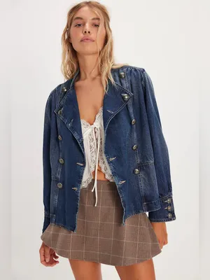 Free People Imogene Denim Officer Jacket in Ensign Wash L thumbnail 3
