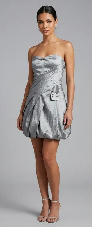 Jessica McClintock Silver Bubble Strapless Pleated Mini Dress Size 2 thumbnail 1
