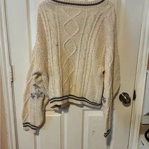 Chunky Cream Cable Knit Cardigan with Contrast Trim thumbnail 4