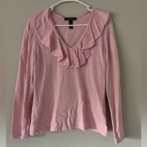 Lauren Ralph Lauren Pink Ruffle Collar Blouse Top Size Medium Preppy Workwear thumbnail 10
