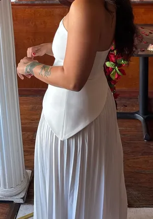 White Solid pleated strapless split dress thumbnail 1