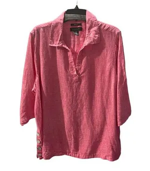 Tahari 100% Linen Split Neck 3/4 Sleeve Top 1X thumbnail 1