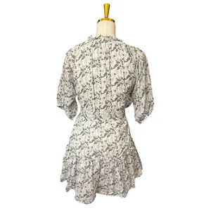 Cleobella Nevah Floral Mini Dress White Blue Puff Sleeve Tie Belt Cotton Size M thumbnail 3