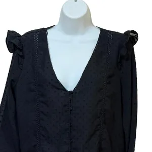 Zara Womens Black Dobby Dot Ruffle V-Neck Button Front Blouse‎ Large L thumbnail 3