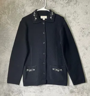 Vintage Wool Black Floral Embroidered Jacket Dark Academia Goth Cottagecore thumbnail 1