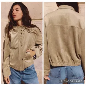 Zara Faux Suede Bomber Jacket Women Large Tan Minimalist Elastic Hem Snap Front thumbnail 2