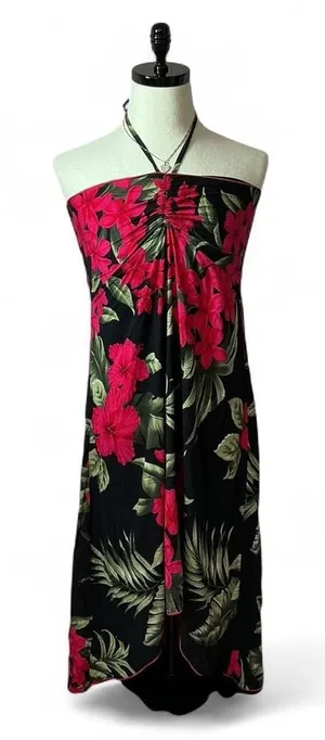 Ravant Hawaii Tropical Floral Halter Dress Women M Black Pink Hibiscus Midi Boho thumbnail 1
