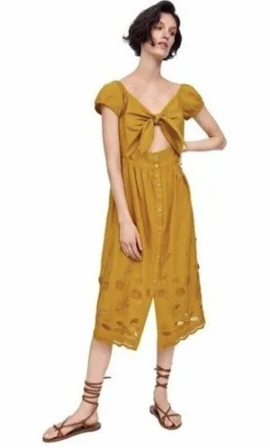 Zara Midi Dress Women’s Size Small Mustard Yellow‎ Smocked Embroidered tie front thumbnail 1