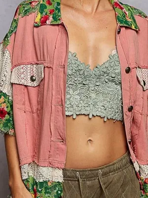 POL Lace Patch Floral Half Sleeve Shacket Size Medium thumbnail 7