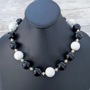 Vintage Monet Necklace Chunky Statement Black, White, Gold Tone thumbnail 1