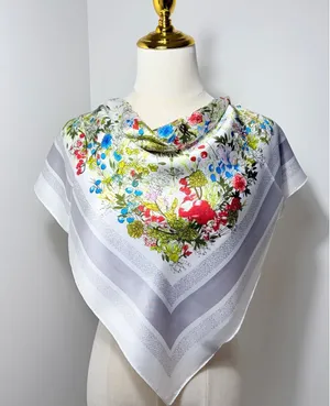 Elegant Floral Square Scarf in Satin Polyester, 68cm x 68cm, Vibrant Red, Blue thumbnail 1