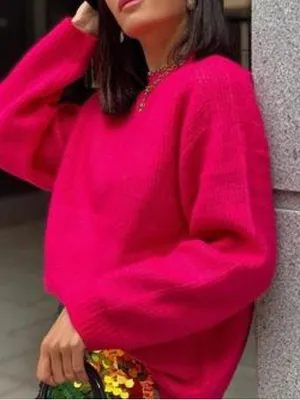 Zara Hot Pink Chunky Knit Oversized Crewneck Sweater Long Sleeve Pullover. Sz M thumbnail 7