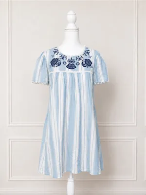 Altar'd State Light Blue & White Striped Embroidered Mini Dress 100% Cotton NWOT thumbnail 2