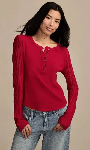 Lucky brand Textured Mixed cable knit Sleeve Henley cotton red M oversized boho​ thumbnail 1