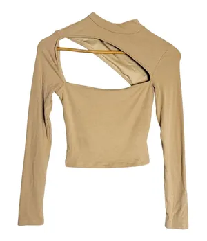 Tiger Mist Tan Beige Long Sleeve Mock Neck Asymmetric Cut Out Rib Cropped Top S thumbnail 1